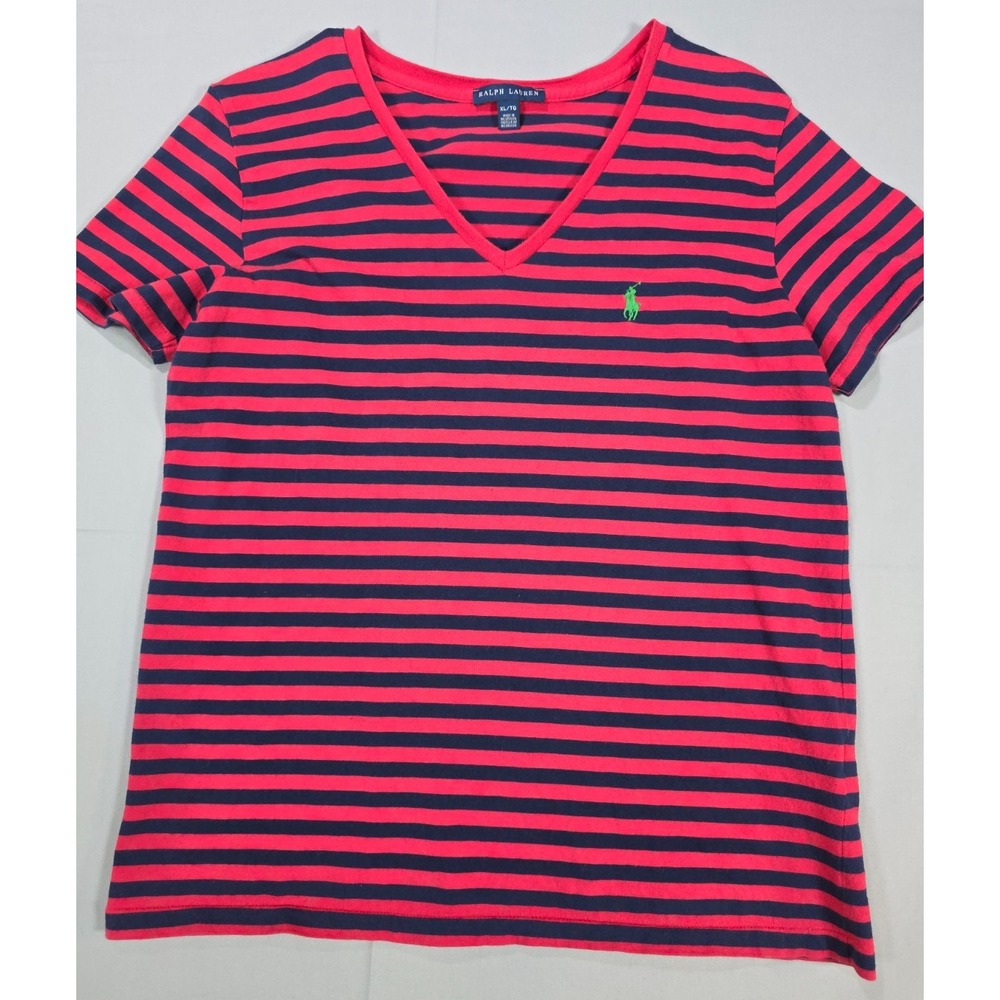Lauren Ralph Lauren Red Navy Striped V-Neck Top XL Nautical‎ Prep Americana Pony